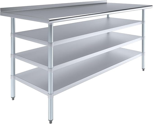 AmGood Stainless Steel Work Table with 1.5" Backsplash and 3 Shelves | Metal Kitchen Food Prep Table | NSF (72" Long x 30" Deep)