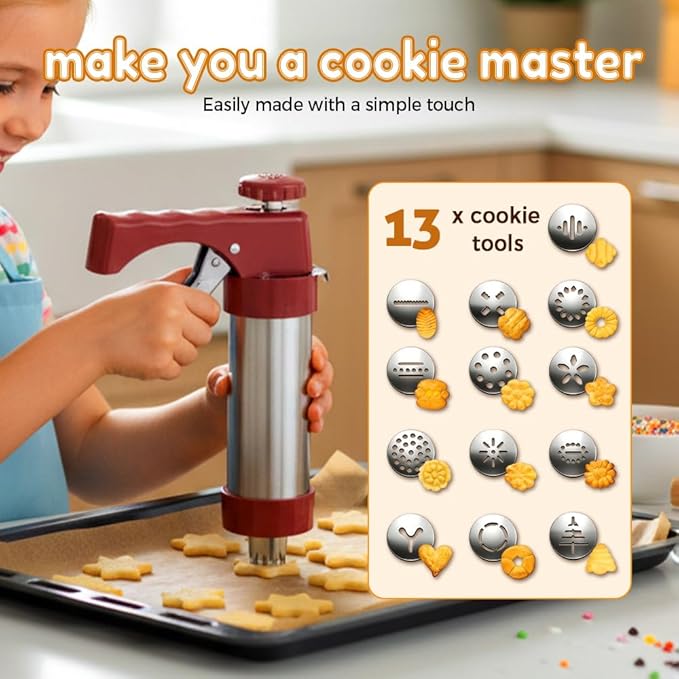 Stainless Steel Cookies Press, 2026 Upgraded Spritz Cookie Press Gun Kit for Baking, Electric Cookie Press with 13 Discs 8 Piping Tips for Churros Cake Decorating (Red)