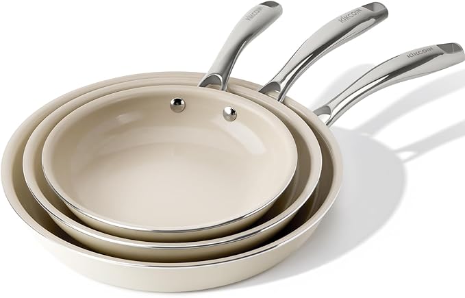 Kikcoin Ceramic Nonstick Frying Pans Set, Healthy Non Toix Pans for Cooking, 8" 9.5" 11" Ceramic Frying Pans and Skillet with Stay Cool Handle, Dishwasher/Oven Safe, PFAS & PTFE & PFOA Free
