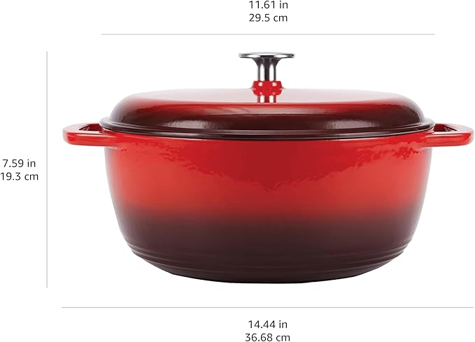 Amazon Basics Enameled Cast Iron Dutch Oven Pot with Lid, Round, Dual Handles, Heavy-Duty, Oven Safe for Roasting, Baking, Stews, 7.3-Quart, Red