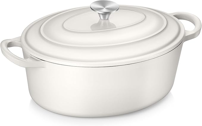 TeamFar 7QT Oval Dutch Oven, Enameled Cast Iron Dutch Oven Pot with Lid, For Bread Baking/Stewing/Braising/Frying, Suitable for Various Stoves, Non-stick & Easy Clean, White