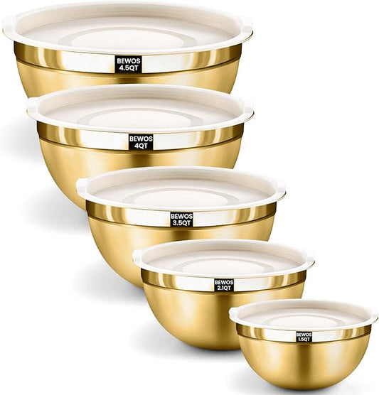 BEWOS 5PCS Mixing Bowls with Lids Set - 5 Stainless Steel Mixing Bowls, Dishwasher Safe, Ideal for Baking & Meal Prep, Stackable Design for Easy Storage