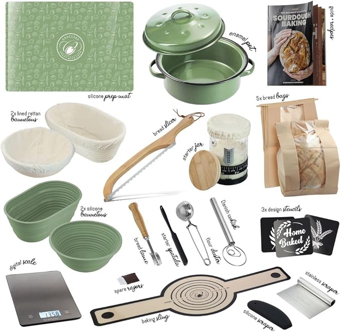 All-Inclusive 𝗣𝗥𝗘𝗠𝗜𝗨𝗠 Sourdough Starter Kit with Pot, 34 Oz Starter Jar, 4 Banneton Bread Proofing Baskets, Scraper, Scale, Sourdough Bread Baking Supplies, Beginner Guide & Recipes