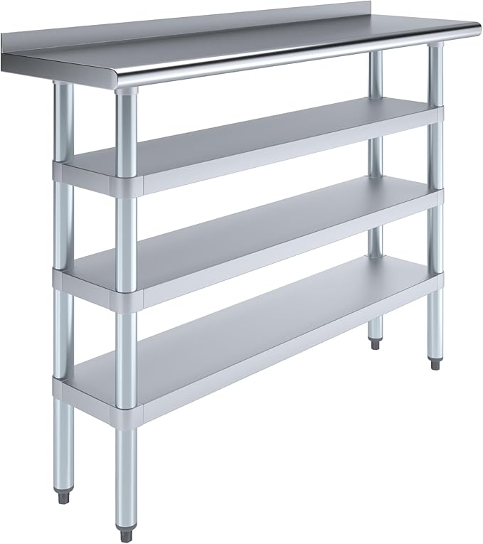 AmGood Stainless Steel Work Table with 1.5" Backsplash and 3 Shelves | Metal Kitchen Food Prep Table | NSF (48" Long x 14" Deep)