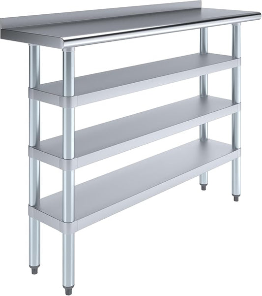 AmGood Stainless Steel Work Table with 1.5" Backsplash and 3 Shelves | Metal Kitchen Food Prep Table | NSF (48" Long x 14" Deep)