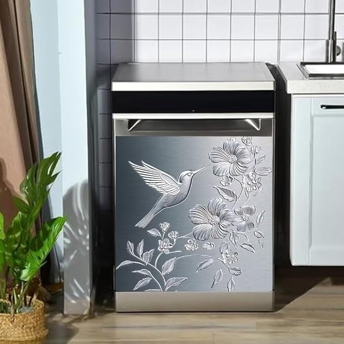 Dishwasher Magnet Cover, Stainless Steel Hummingbird and Flowers Pattern Refrigerator Magnetic Vinyl Sticker for Dishwasher Door, Decorative Kitchen Appliance Panel Decal, 23Wx26H Inches