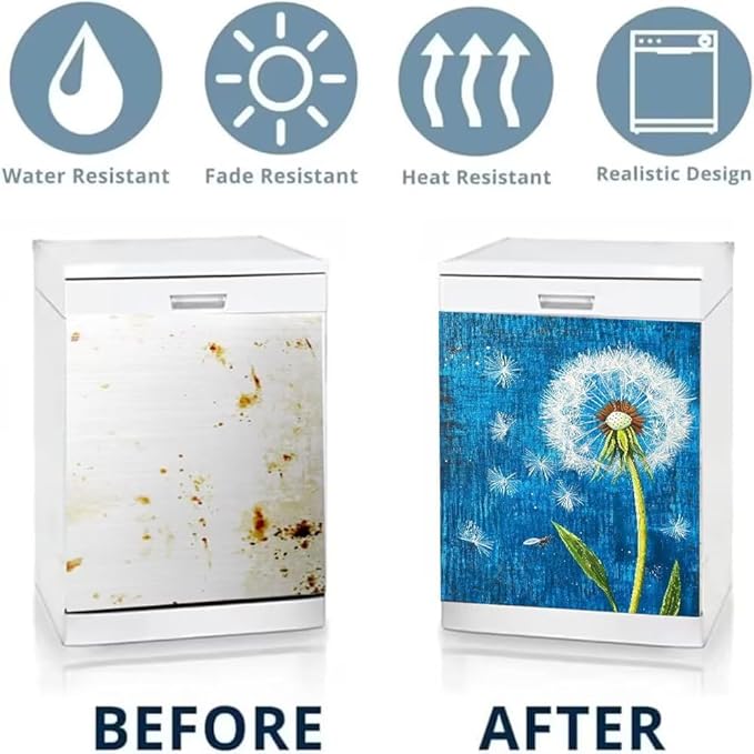 Dandelion Dishwasher Magnet Cover, Rustic Farmhouse Refrigerator Magnetic Vinyl Sticker for Dishwasher Door, Floral Decorative Kitchen Appliance Panel Decal, 23Wx26H Inches