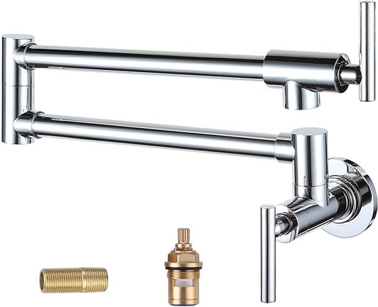 WOWOW Chrome Pot Filler Faucet - Solid Brass Pot Filler Wall-Mounted Pasta Faucet with Double Joint Swing Arm for Kitchen Over Stove