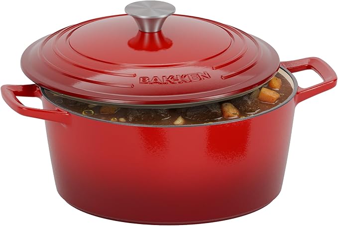 Bakken Enameled Cast Iron Dutch Oven Pot, 6QT Dutch Oven for Bread Baking, Braising & Roasting, Kitchen & Campfire Cooking, Moisture-Locking Lid, Oven Safe Up To 500°F, Works on All Cooktops, Red
