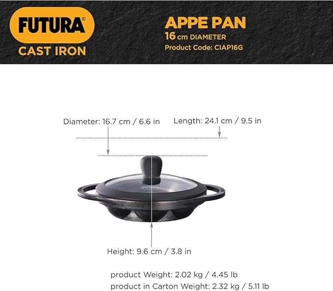 Hawkins Futura 16 cm Cast Iron Appe Pan, Non Stick Paniyaram Pan with Glass Lid, 8 Cups Paniyarakkal Pan, Litti Pan, Kuzhi Paniyaram Pan, Ponganalu Pan, Black (CIAP16G)