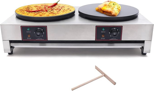 16" Commercial Electric Crepe Maker Pancake Baking Machine Non-Stick Electric Crepe Pan Single Hotplate Adjustable Temperature 50-300℃(122-572℉) with Batter Spreader for Tortilla, 110V