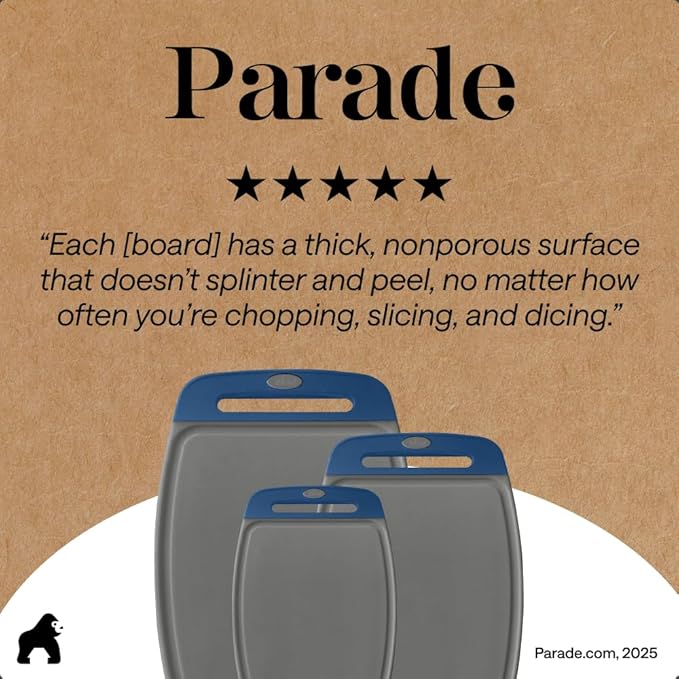 GORILLA GRIP BPA-Free Reversible Kitchen Cutting Board Set of 3, US Designed, Nonporous, Juice Grooves Catch Liquid, Slip Resistant Border, Dishwasher Safe, Durable Food Chopping Boards, Gray Blue