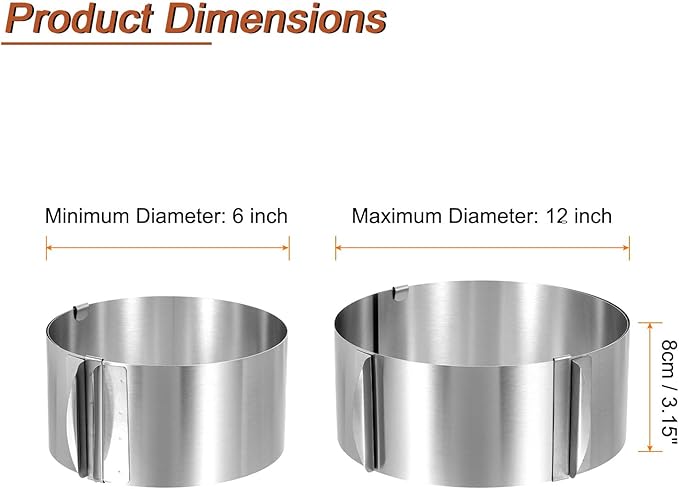 HARFINGTON 6" to 12" Cake Ring 8cm High Adjustable Round Cake Ring Stainless Steel Mousse Baking Moulds Bakeware Supplies for Baking Cooking Making Tool