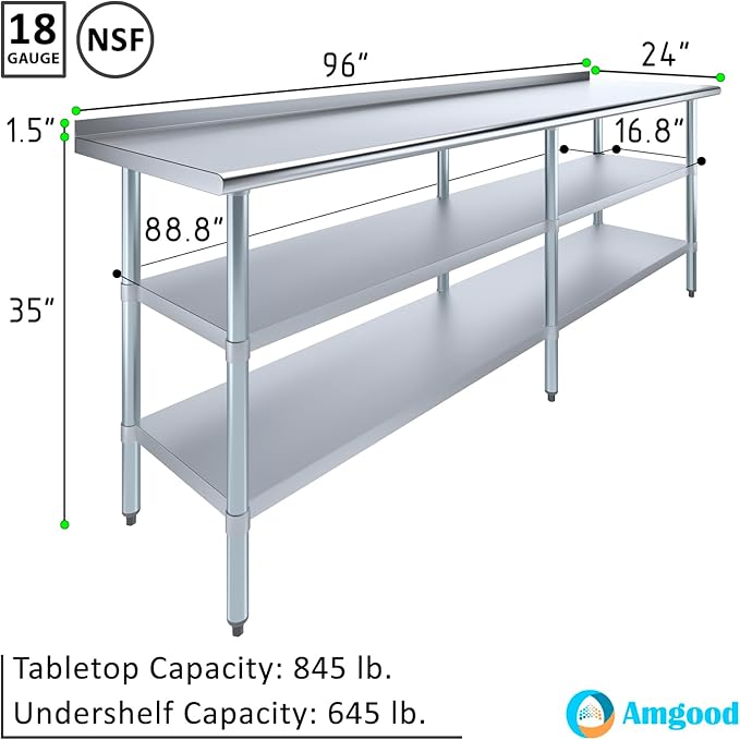 AmGood Stainless Steel Work Table with 1.5" Backsplash and 2 Shelves | Metal Kitchen Food Prep Table | NSF (96" Long x 24" Deep)