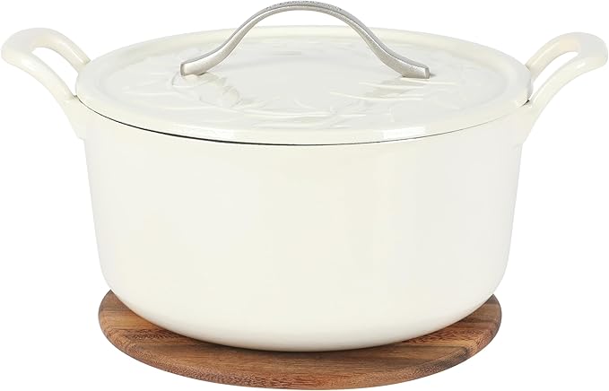 Bloomhouse - Two Time Oprah's Favorite Things Winner - 7 Qt Cast Iron Dutch Oven W/Embossed Lid, European Enamel, & Walnut Wood Trivet - Oat White