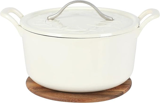 Bloomhouse - Two Time Oprah's Favorite Things Winner - 7 Qt Cast Iron Dutch Oven W/Embossed Lid, European Enamel, & Walnut Wood Trivet - Oat White