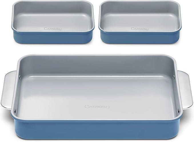 Caraway Nonstick Rectangle Baking Pan Set – 2x 9" x 6.5" & 1x 9" x 13" - Non-Toxic, PTFE & PFOA Free – Aluminized Steel Core – Deep Ceramic Baking Pan for Casseroles, Lasagna & More - Slate