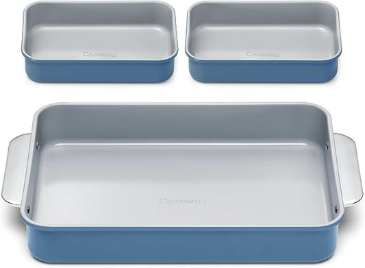 Caraway Nonstick Rectangle Baking Pan Set – 2x 9" x 6.5" & 1x 9" x 13" - Non-Toxic, PTFE & PFOA Free – Aluminized Steel Core – Deep Ceramic Baking Pan for Casseroles, Lasagna & More - Slate