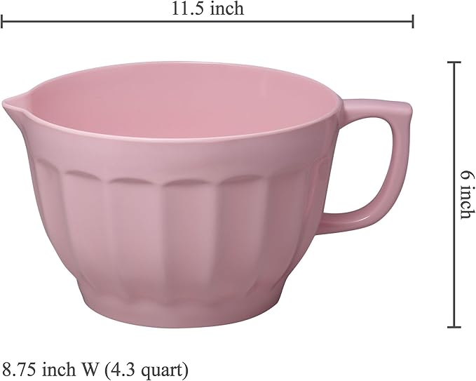 UPware Latte Style Melamine Batter Bowl with Pour Spout, Handle and Non-Slip Base, Grip Handle for Easy Mix and Pour, Home Essentials Cooking and Baking Tools, 4.3 quart, 11.5 x 8.75 Inch, Pink