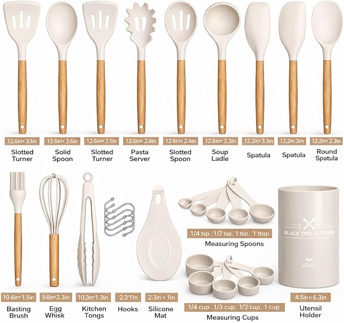 33-Piece Silicone Kitchen Cooking Utensils Set with Large Holder | Food Grade- Heat-Resistant,Non-Stick Cooking Utensils with Wooden Handles | BPA-Free Kitchen Tools for Nonstick Cookware for Gifting