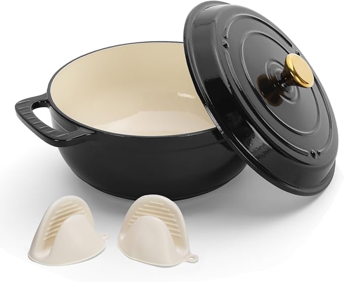 ROVSUN 5 Quart Enameled Cast Iron Dutch Oven with Lid, Dual Handles, Oven Safe up to 500°F or on Stovetop, Compatible for Braising, Stews, Roasting, Bread Baking-Black