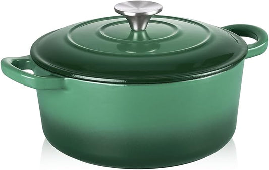 TeamFar Enameled Cast Iron Dutch Oven - 3QT Small Dutch Oven Pot with Lid - Heavy Duty Cast Iron Pot Cookware for Bread Baking, Braising, Stewing, Roasting, Basil Green