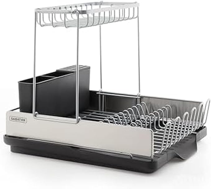 Sabatier Dish Drying Rack with Second Tier, Rust Resistant Wires and Angled Drain Board, Utensil Caddy Compact Dish Drying Rack