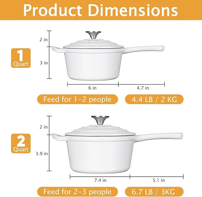 TeamFar 1+2QT Enameled Cast Iron Sauce Pan, Small Sauce Pot with Lid, Mini Dutch Oven Saucepan for Cooking/Simmering/Baking/Boiling, Sturdy & Nonstick, Oven Safe & Fit for Induction - White