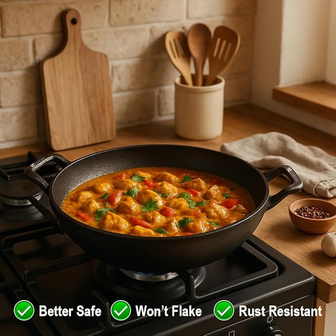 Cast Iron Deep Kadai Wok with Dual Handles, Heavy-Duty Cooking Pot for Deep Frying, Stir-Frying, Curries – Gas, Grill & Open Flame Compatible, 9 Inch