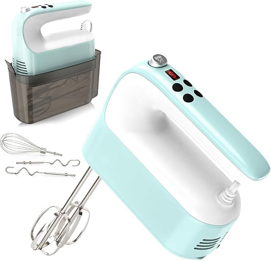 9-Speed Digital Hand Mixer Electric, 400W Powerful DC Motor, Hand Mixer Electric Handheld with Snap-On Storage Case, 5 Stainless Steel Accessories, Beaters, Dough Hooks, Whisk(Ice Blue/White)