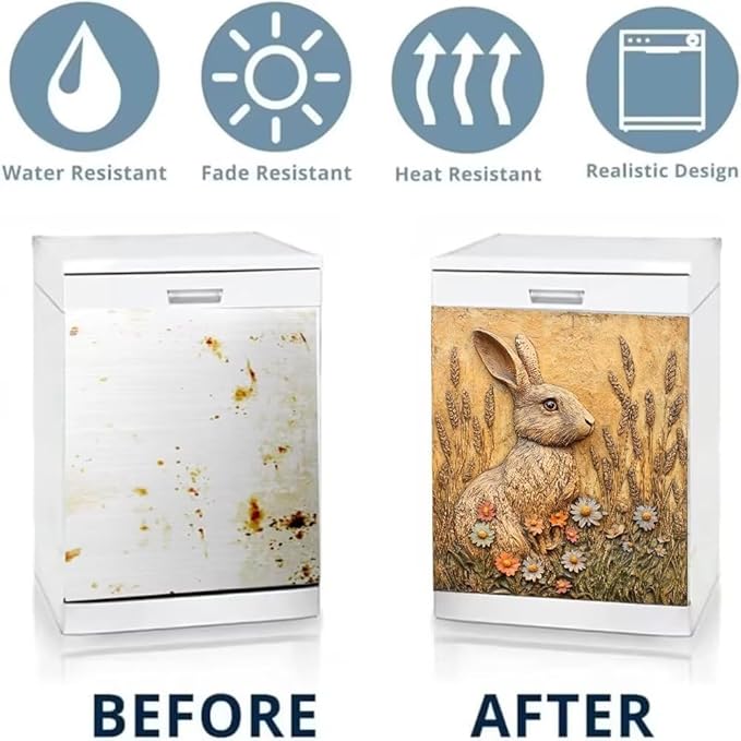 Easter Bunny Dishwasher Magnet Cover, Rabbit Flowers Refrigerator Magnetic Vinyl Sticker for Dishwasher Door, Rustic Farmhouse Floral Decorative Kitchen Appliance Panel Decal, 23Wx26H Inches