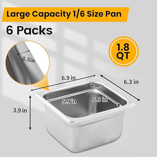 Aplancee 1/6 Hotel Pans 4 Inch Deep Stainless Steel Food Pan - Anti-Jam 6 Pack Steam Table Pan Set for Catering, Buffet Use, Kitchen Prep