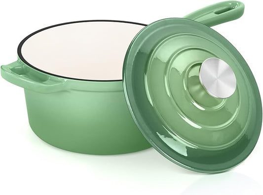 E-far Enameled Cast Iron Sauce Pan, 2 Quart Dutch Oven Saucepan with Lid, Small Sauce Pot for Cooking, Boiling, Healthy & Non Toxic, Induction & Oven Safe, Pistachio Green