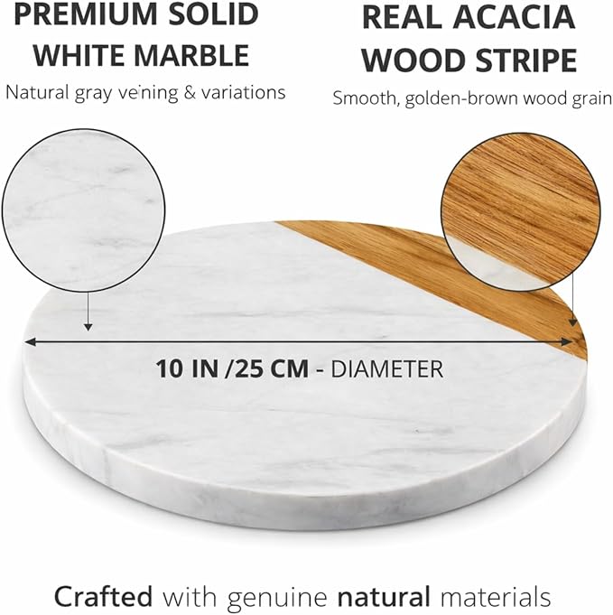 White Marble Board - Cheese Board | Acacia Wooden Serving Tray For Charcuterie, Cheese, Meats, Fruit, Crackers | Cutting Board, Serving Tray, Round Slab 10 Inches.