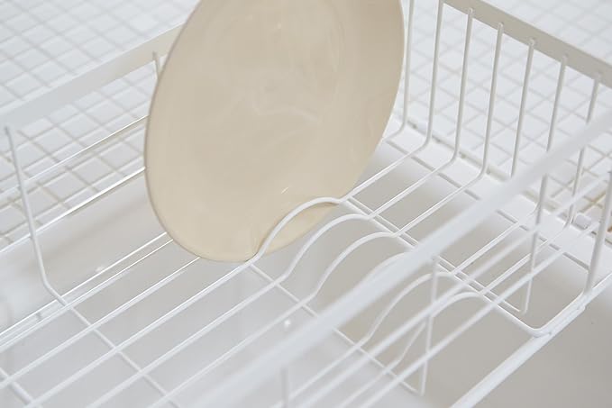YAMAZAKI Home Tosca Over-The-Sink Dish Rack, Expandable, Plate Drying Organizer, with Cutlery Holder - Steel + Wood -
