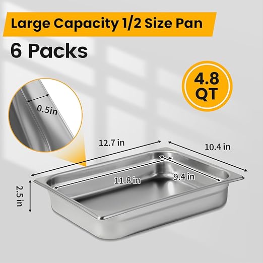 Aplancee 1/2 Hotel Pans 2.5 Inch Deep Stainless Steel Food Pan - Anti-Jam 6 Pack Steam Table Pan Set for Catering, Buffet Use, Kitchen Prep