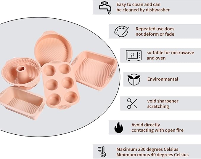 10in1 Nonstick Silicone Baking Cake Pan Cookie Sheet Molds Tray Set for Oven, BPA Free Heat Resistant Bakeware Suppliers Tools Kit for Muffin Loaf Bread Pizza Cheesecake Cupcake Pie Utensil (Pink)
