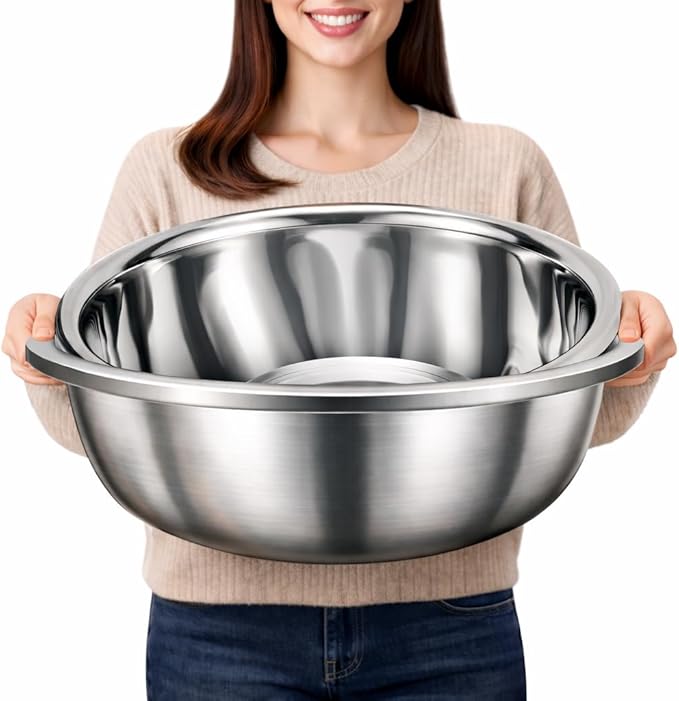 2 Pack Large Mixing Bowl, 20 Qt, 304 Stainless Steel, Polished Mirror Finish, Flat Base, for Home or Commercial Baking