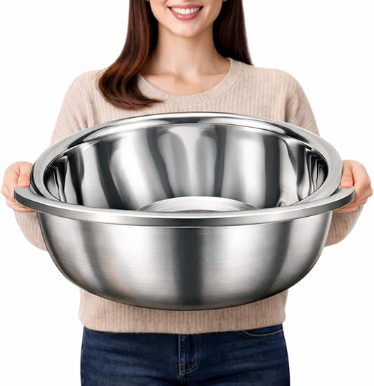 2 Pack Large Mixing Bowl, 20 Qt, 304 Stainless Steel, Polished Mirror Finish, Flat Base, for Home or Commercial Baking