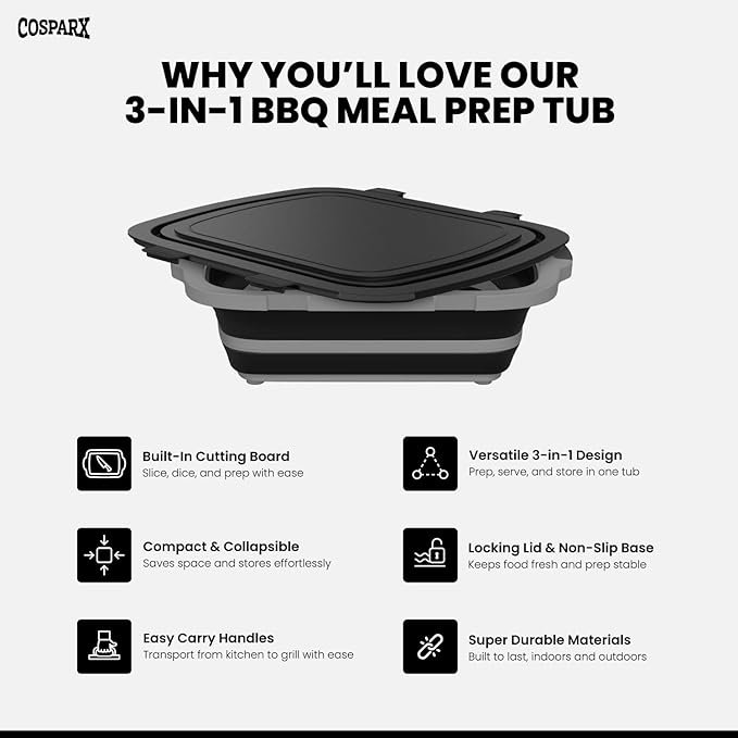 XL Collapsible BBQ Prep Tub with Cutting Board & Drain Plug – Portable Food Prep Station for Kitchen, Camping & Grill – Dishwasher Safe, Space-Saving Design – Bonus Heat-Resistant Glove Included