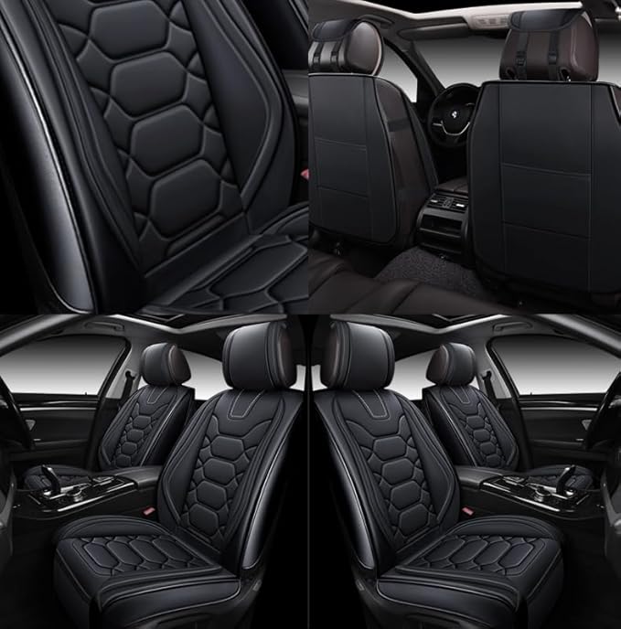 OASIS AUTO Car Seat Covers Front Seats, Sporty Honeycomb Waterproof Faux Leather Protectors, Universal Fit for SUV, Sedan, Truck Interior Accessories (OS-004 Black)