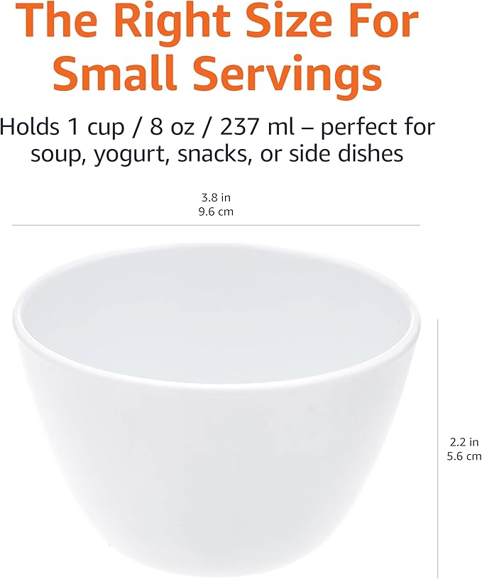 Amazon Basics Round Melamine Bowl, 8 oz, Dishwasher Safe, White, 6-Piece Set