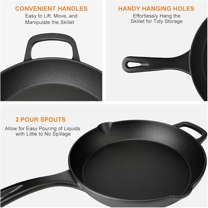 8 Inch Cast Iron Skillet – Pre-Seasoned Frying Pan, Durable Nonstick Cookware for Christmas Holiday Meals, Oven Safe Pan for Kitchen & Camping