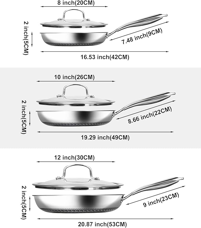 Nonstick Frying Pans with Lid,8/10/12 inch Stainless Steel Skillet Set with Honeycomb Surface, Induction Compatible, Oven & Dishwasher Safe, PFAS-Free Cookware Sets (Frying Pan 6PCS)