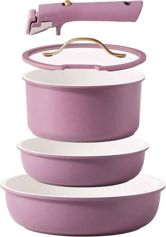 CAROTE 5pcs Pots and Pans Set, Nonstick Cookware Set Detachable Handle,kitchen essentials,RV kitchen pot and pan,Induction Cookware,Oven Safe,PFOA PFOS FREE,Purple