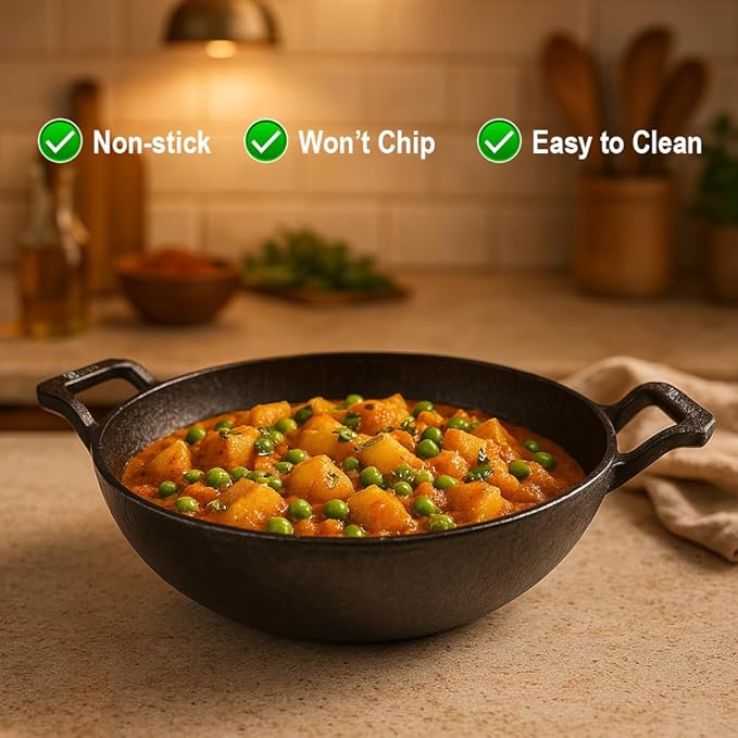 Cast Iron Deep Kadai Wok with Dual Handles, Heavy-Duty Cooking Pot for Deep Frying, Stir-Frying, Curries – Gas, Grill & Open Flame Compatible, 9 Inch