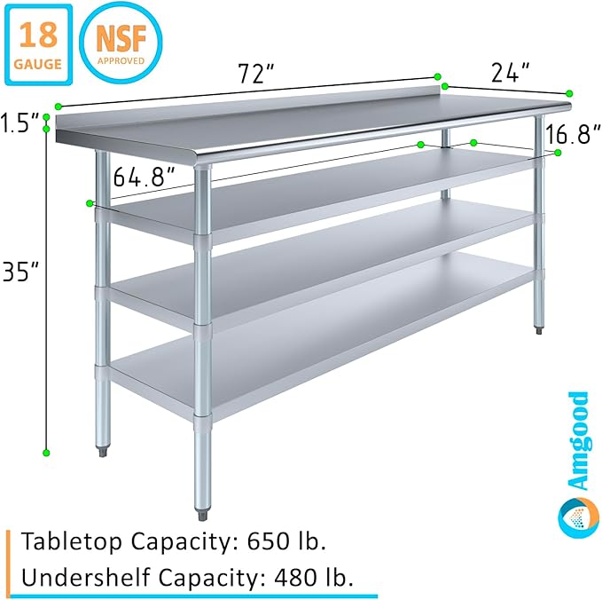 AmGood Stainless Steel Work Table with 1.5" Backsplash and 3 Shelves | Metal Kitchen Food Prep Table | NSF (72" Long x 24" Deep)