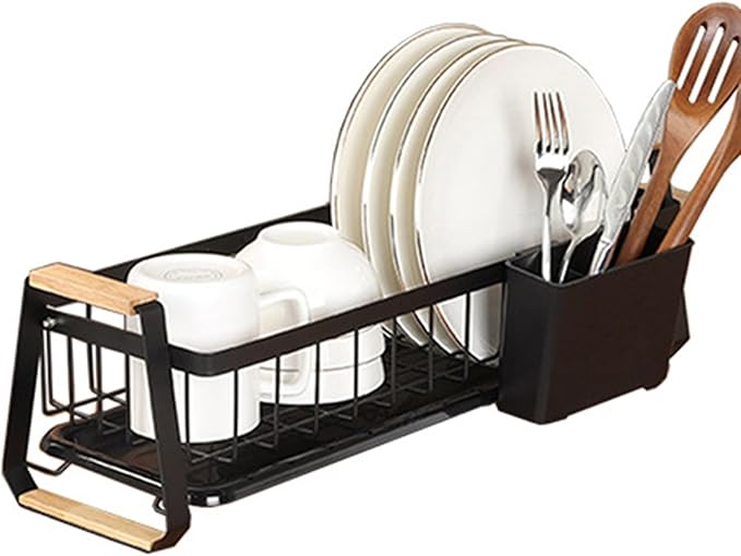 Dish Rack, Over Sink Metal and Wood Dish Drainer with Detachable Drip Tray and Utensil Holder, Space Saving Kitchen Organizer for Countertop (Black)