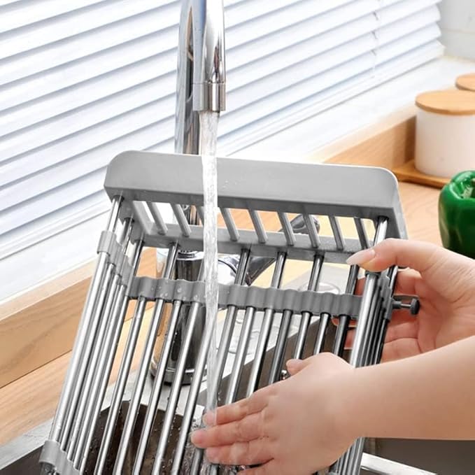 Cyrank Dish Drying Rack, Over The Sink PET Kitchen Rack, Expandable Drain Basket, Adjustable Stainless Steel Strainer, S#Grey