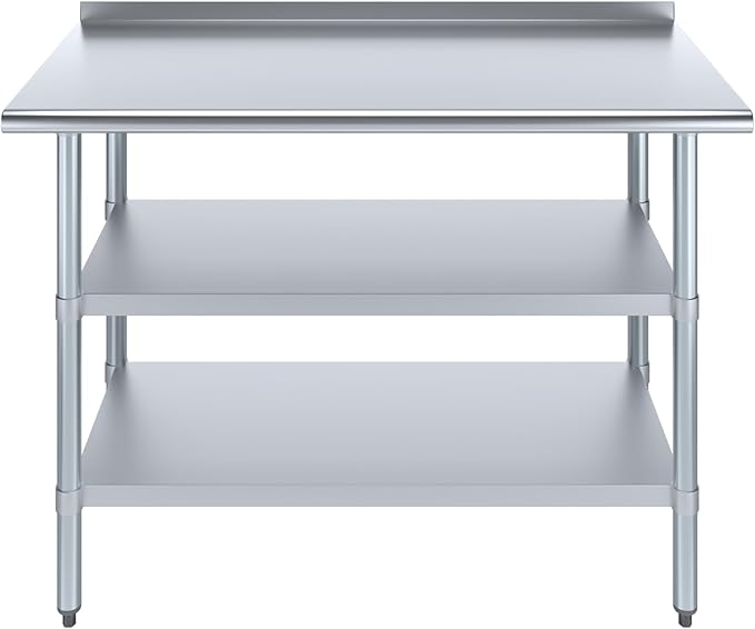 AmGood Stainless Steel Work Table with 1.5" Backsplash and 2 Shelves | NSF (48" Long x 24" Deep)